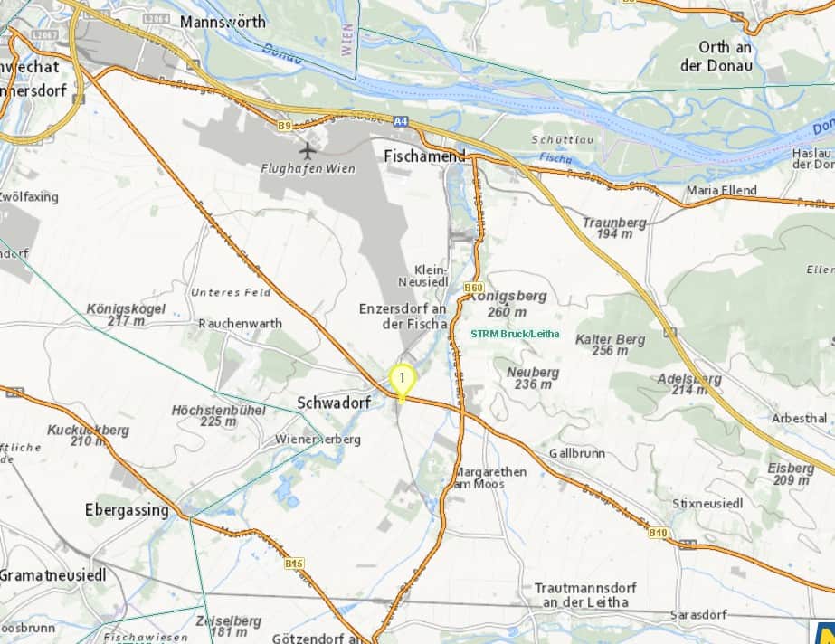 Regionale Lage des Betriebsgrundstücks zwischen Schwadorf, Flughafen Wien und A4